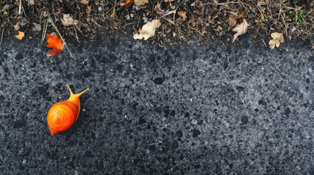 A vibrant orange snail on a gray asphalt road, moving toward grass.の素材