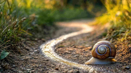 A snail trail glistening on a dirt path, with the snail halfway across.の素材