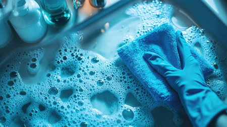 A vibrant photo of blue gloves cleaning a bathroom sink with a cloth and cleaning spray in hand.の素材