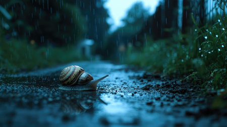 A snail navigating a puddle-covered dirt path under a soft rain.の素材