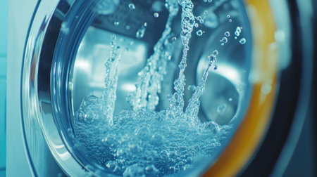 A time-lapse style view of a washing machine as it fills with water, bubbles forming rapidly.の素材