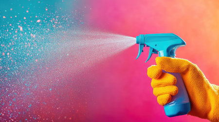 A vibrant image of gloves holding a spray bottle, with droplets landing on a dusty surface ready for cleaning.の素材