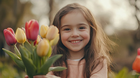 A smiling young girl handing a tulip bouquet to the camera, symbolizing giving and happiness.の素材