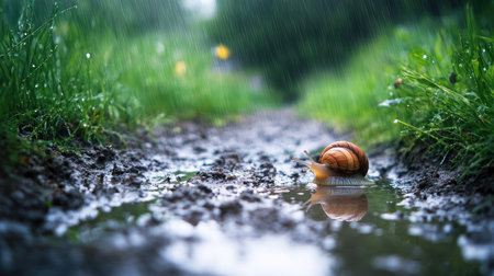 A snail navigating a puddle-covered dirt path under a soft rain.の素材