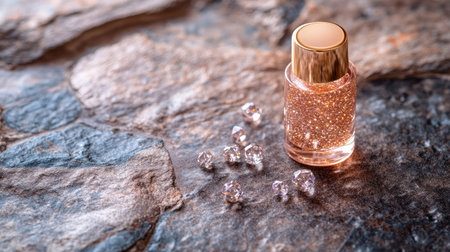 A tiny bottle with rose-gold glitter, placed on a textured stone floor, accented by sparkling faux diamonds.の素材