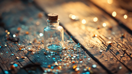 A tiny glass bottle placed on a wooden floor, surrounded by scattered glitter and tiny diamond-like stones.の素材