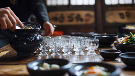 A traditional Korean house setting with soju and glasses being prepared for a meal.の素材