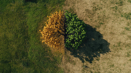 A tree half-dead and half-green, symbolizing the effects of global warming on ecosystems.の素材
