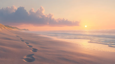 A tranquil beach scene at sunrise, with footprints in the sand leading towards the glowing horizon.の素材