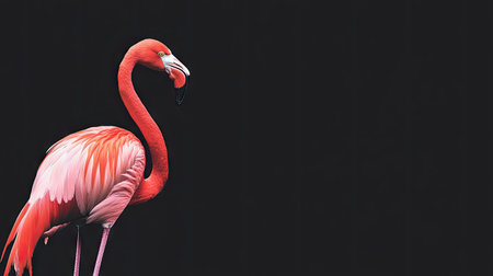 A vibrant flamingo standing gracefully against a pure black background, showcasing its elegant pink feathers.の素材