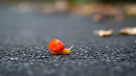 A vibrant orange snail on a gray asphalt road, moving toward grass.の素材