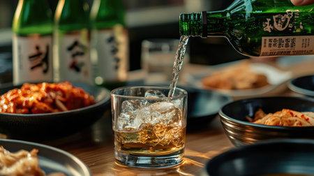 A traditional Korean dinner table with a soju bottle and glass being filled, with chopsticks and kimchi in the background.の素材