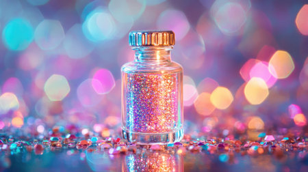 A miniature bottle filled with iridescent glitter, sitting on a mirrored surface reflecting sparkling gems.の素材