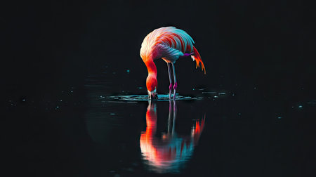 A single flamingo reflected in shallow water, its vivid colors contrasting with the black background.の素材