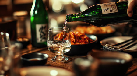 A traditional Korean dinner table with a soju bottle and glass being filled, with chopsticks and kimchi in the background.の素材