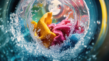 A vibrant shot of detergent bubbles mixing with clothes inside a spinning washing machine.の素材