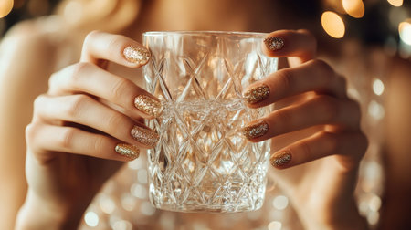 A woman's hands with gold glitter nail polish, gently holding a crystal glass.の素材