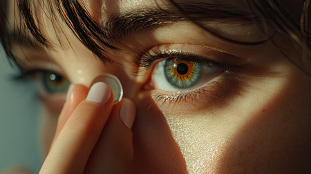 A woman using a contact lens applicator to carefully place the lens in her eye.の素材
