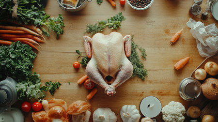 A whole chicken on a wooden counter, tied and prepped for roasting, surrounded by vegetables and herbs.の素材
