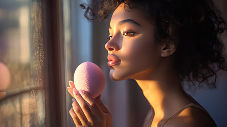 A young woman applying foundation with a beauty blender, her skin glowing in natural light.の素材