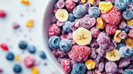 Close-up of a bowl containing freeze-dried blueberries, strawberries, and bananas, with bright colors popping against the white surface.の素材
