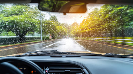 A view from inside a car as the windshield wipers sweep across a rainy exterior, creating clear streaks.の素材