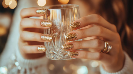 A woman's hands with gold glitter nail polish, gently holding a crystal glass.の素材
