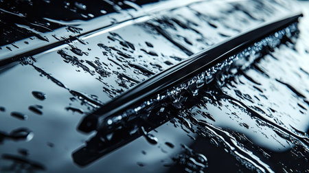 Close-up of a car wiper blade cleaning a rainy windshield, with streaks of water being cleared.の素材