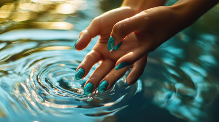 Female hands with teal glitter nails touching water, with ripples reflecting sunlight.の素材