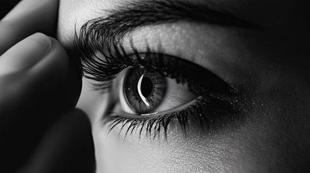 A woman adjusting her eyelid while inserting a contact lens, her lashes in sharp focus.の素材