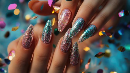 A woman's hands with glitter nail art, playing with colorful confetti.の素材