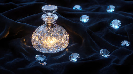 A whimsical little bottle, its contents glowing, surrounded by shimmering diamonds on a black velvet cloth.の素材