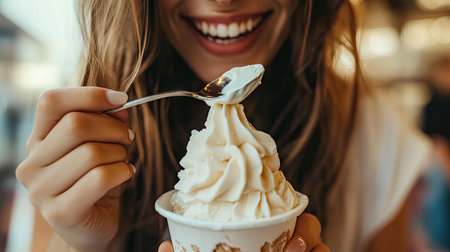 A woman dipping her spoon into a cup of ice cream with a smile, focusing on her hands and mouth.の素材