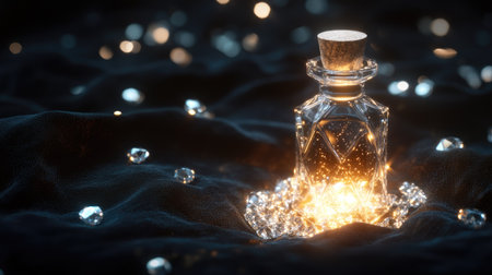 A whimsical little bottle, its contents glowing, surrounded by shimmering diamonds on a black velvet cloth.の素材
