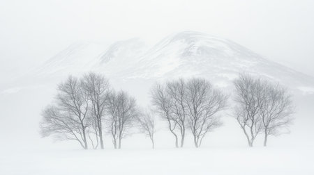 A winter scene of snow-covered mountains enveloped in fog, with bare trees creating a stark, minimalistic contrast.の素材