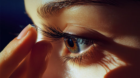 A woman adjusting her eyelid while inserting a contact lens, her lashes in sharp focus.の素材
