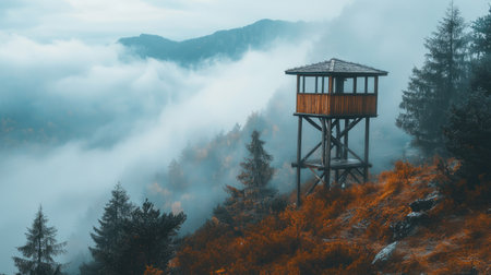 A wooden lookout tower standing amidst foggy mountain landscapes, offering a surreal and isolated view.の素材