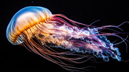 Close-up of a single jellyfish with luminescent tentacles pulsating in the dark water, creating a serene ambiance.の素材