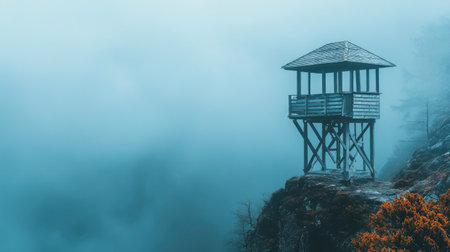 A wooden lookout tower standing amidst foggy mountain landscapes, offering a surreal and isolated view.の素材