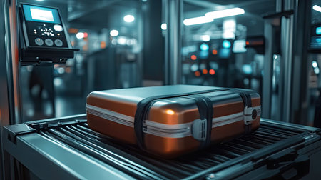 Close-up of a suitcase being scanned through an airport X-ray machine, with visible control panels nearby.の素材