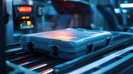 Close-up of a suitcase being scanned through an airport X-ray machine, with visible control panels nearby.の素材