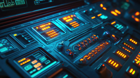 Close-up of a control panel on an X-ray machine, with glowing buttons and operational screens.の素材