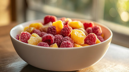 Freeze-dried fruits like raspberries and pineapples in a matte white bowl, with crisp lighting highlighting their colors.の素材