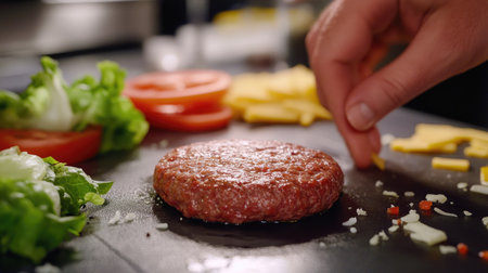 Thick burger patties being formed by hand on a kitchen counter, surrounded by toppings like lettuce, tomato, and cheese.の素材