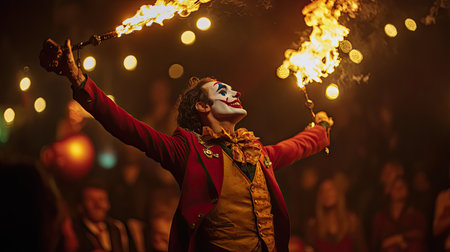 The Joker-themed entertainer juggling flaming torches in a dramatic circus performance, surrounded by an amazed crowd.の素材