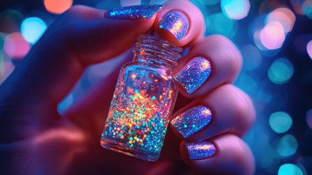 Holographic glitter nails holding a small glass bottle filled with glowing liquid.の素材