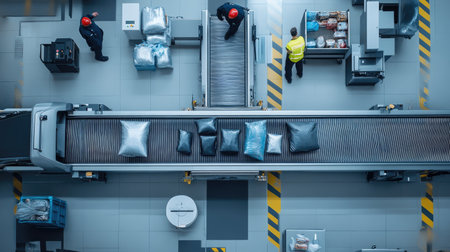 Overhead shot of an X-ray machine conveyor belt loaded with various bags and items, with security staff in the background.の素材