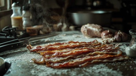 Sizzling bacon strips laid on a countertop, with the preparation tools and breakfast ingredients scattered around.の素材
