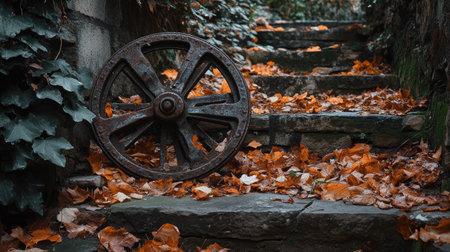 A worn iron gate wheel, surrounded by fallen leaves, on an uneven stone path in an outdoor settingの素材