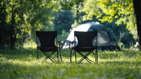 Two folding camp chairs set up in a lush green meadow with a tent visible in the background.の素材